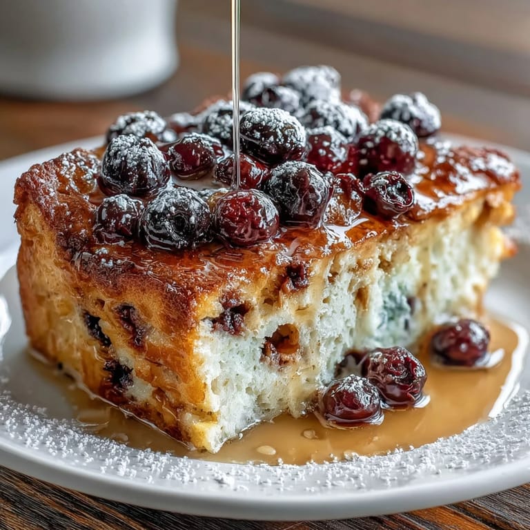 Warm oven-baked blueberry pancake casserole layered with fresh berries, ideal for cozy weekend breakfasts or holiday gatherings.