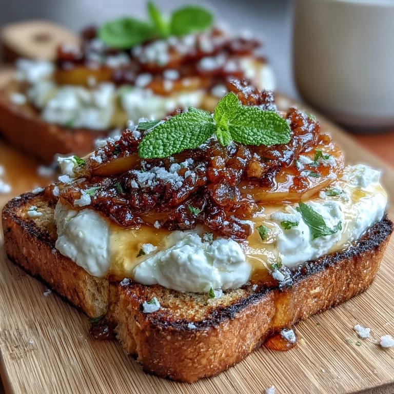 Rustic sourdough topped with torn burrata, fresh peach slices, and a drizzle of golden honey—elegant brunch toast.