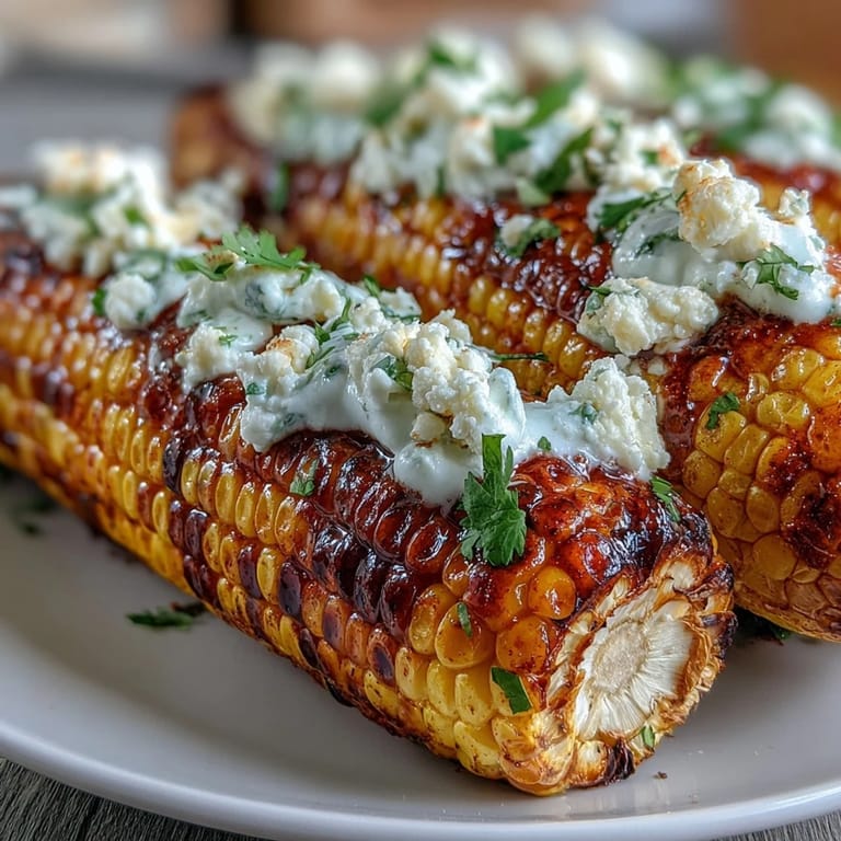 Quick microwave elote corn drizzled in zesty sauce and topped with fresh Cotija cheese