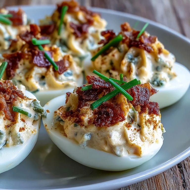 Jalapeño popper deviled eggs bursting with tangy cheese, bacon, and fresh diced peppers.