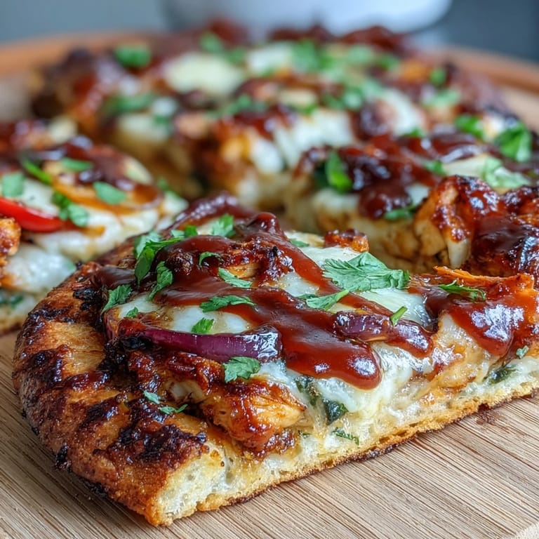 Grilled BBQ chicken flatbread pizza topped with fresh cilantro, jalapeño, and extra BBQ sauce, perfect for summer gatherings.