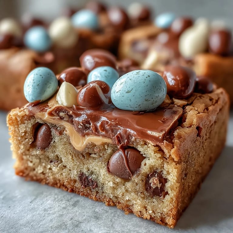 Soft, golden cookie bars loaded with creamy peanut butter and vibrant Easter egg chocolates, ideal for holiday dessert tables.