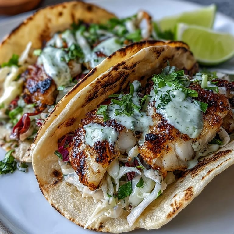 Zesty coconut lime grilled fish tacos topped with crunchy red cabbage slaw and drizzled with tangy coconut crema.