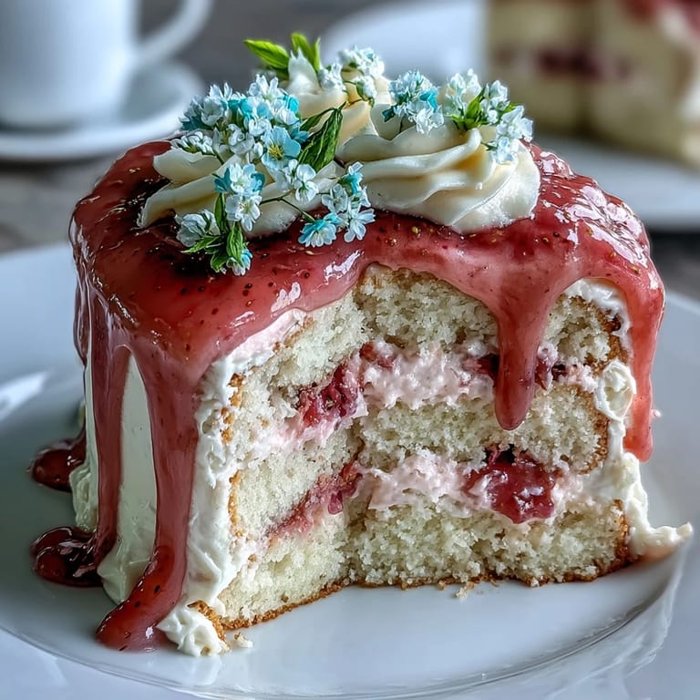 Floral drip cake with fresh strawberry frosting, adorned with edible flowers, ideal for springtime parties and special occasions.