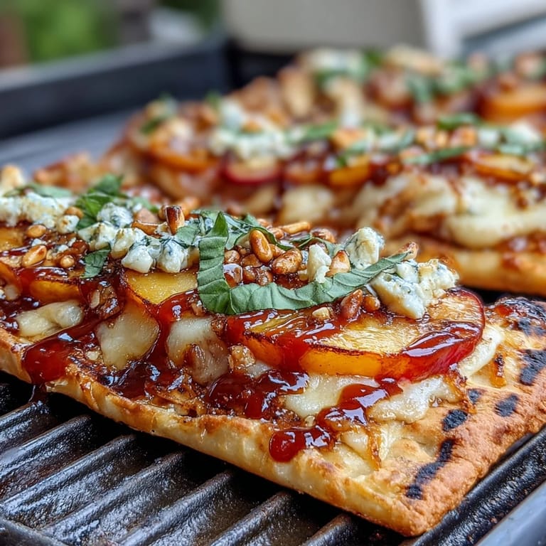 Smoky BBQ flatbread topped with grilled peaches, Brie cheese, red onion, and fresh arugula for a gourmet twist.