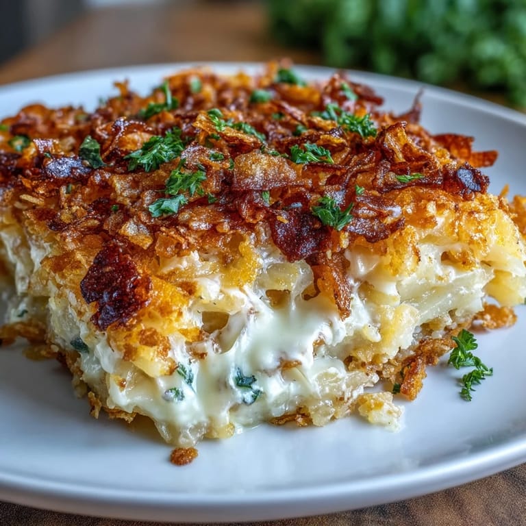 Rich, bubbly cheesy hash brown casserole with golden crust, perfect for holiday gatherings.