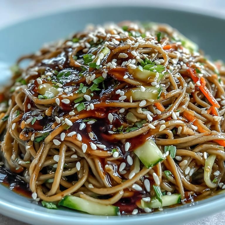 Flavorful cold soba noodle salad, crisp vegetables, tangy dressing, perfect light lunch.