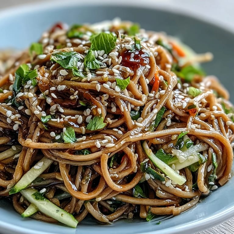 A beautiful bowl of soba noodle salad with bright, crunchy veggies and savory dressing.