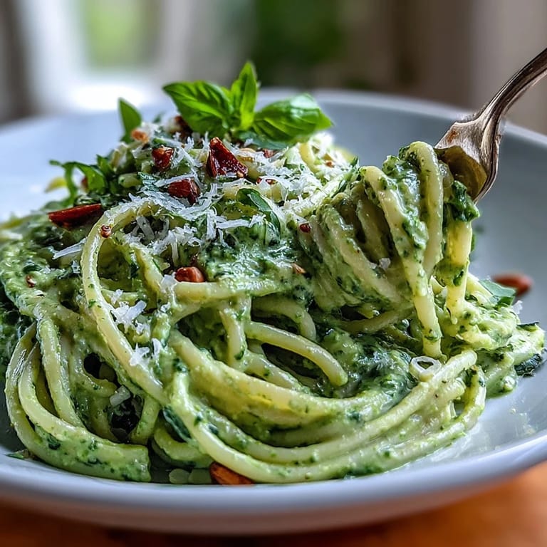 A beautiful bowl of Creamy Avocado Pesto Pasta, ready to be enjoyed.