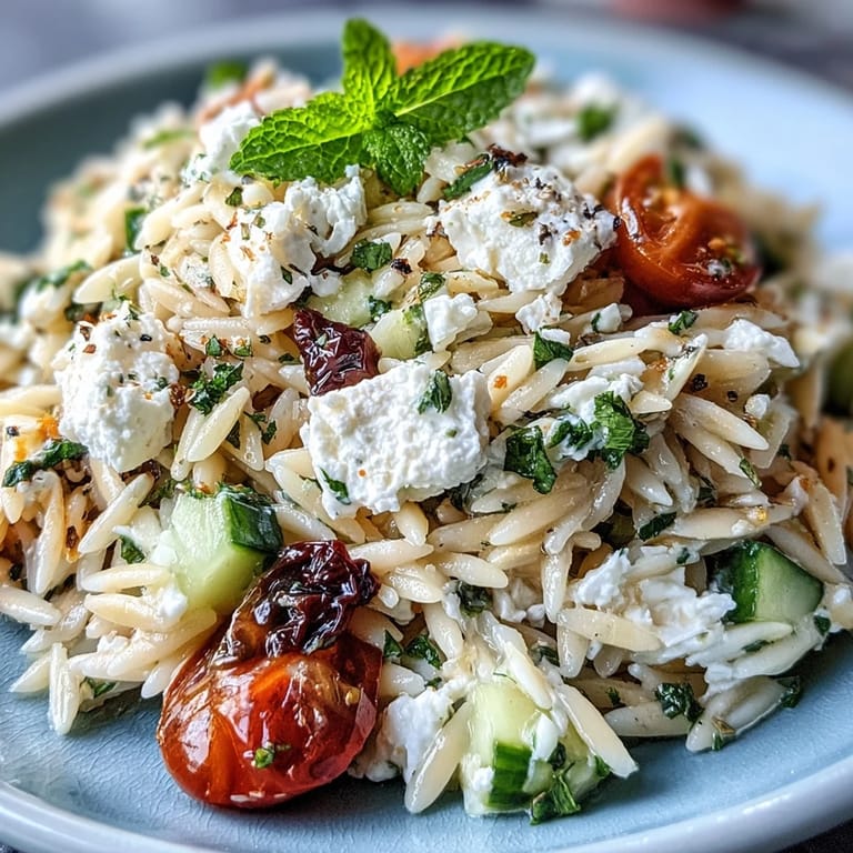 Refreshing orzo salad showcasing crisp cucumber, salty feta, and lemon tang.