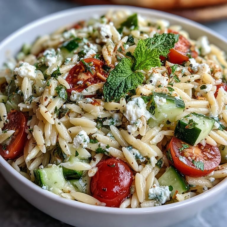 Colorful orzo salad with feta and lemon dressing, perfect for summer lunch.
