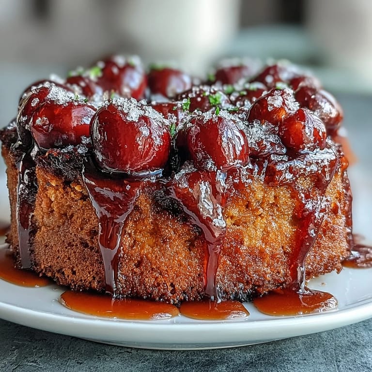 Beautifully inverted cherry almond upside-down cake, ready to be served with a rich topping.