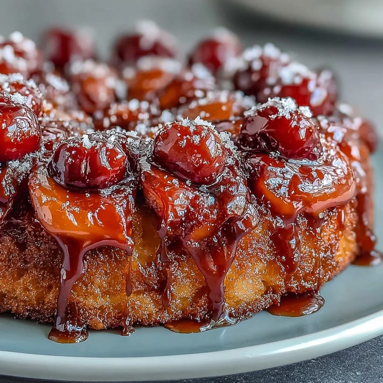 Moist, golden cherry almond upside-down cake, a perfect dessert with toasted almond essence.
