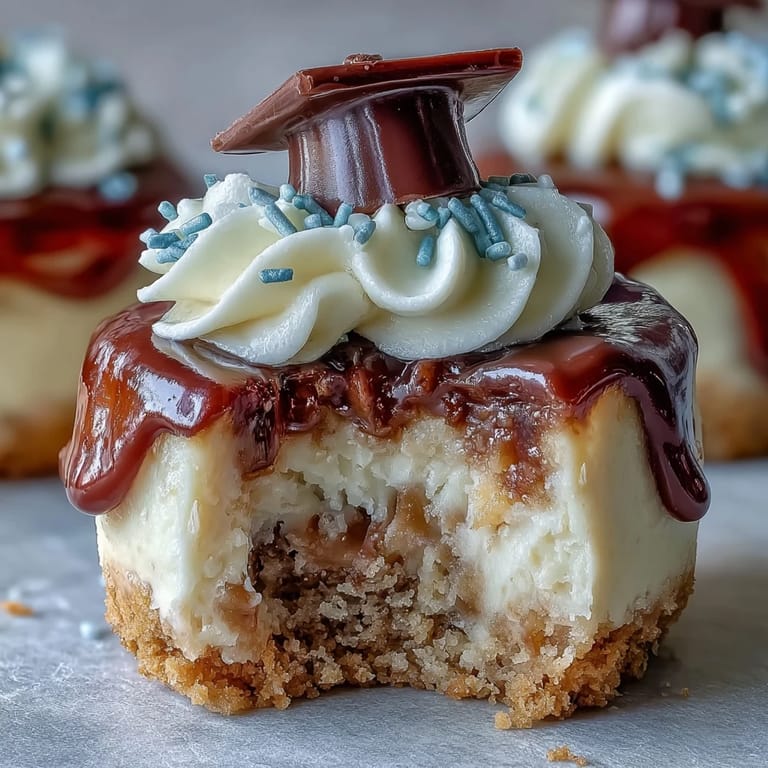 Showcasing Easy Graduation Cheesecake Bites, these mini desserts are perfectly baked and ready for party guests.