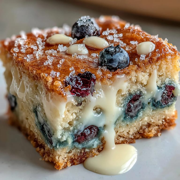 A rustic pan of baked white chocolate lemon blueberry blondies, promising a delightful sweet and tart bite.
