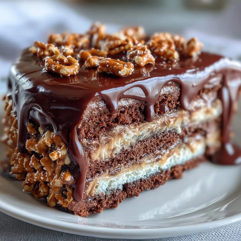 Decadent Father's Day Chocolate Peanut Butter Pretzel Cake, a perfect celebration dessert.
