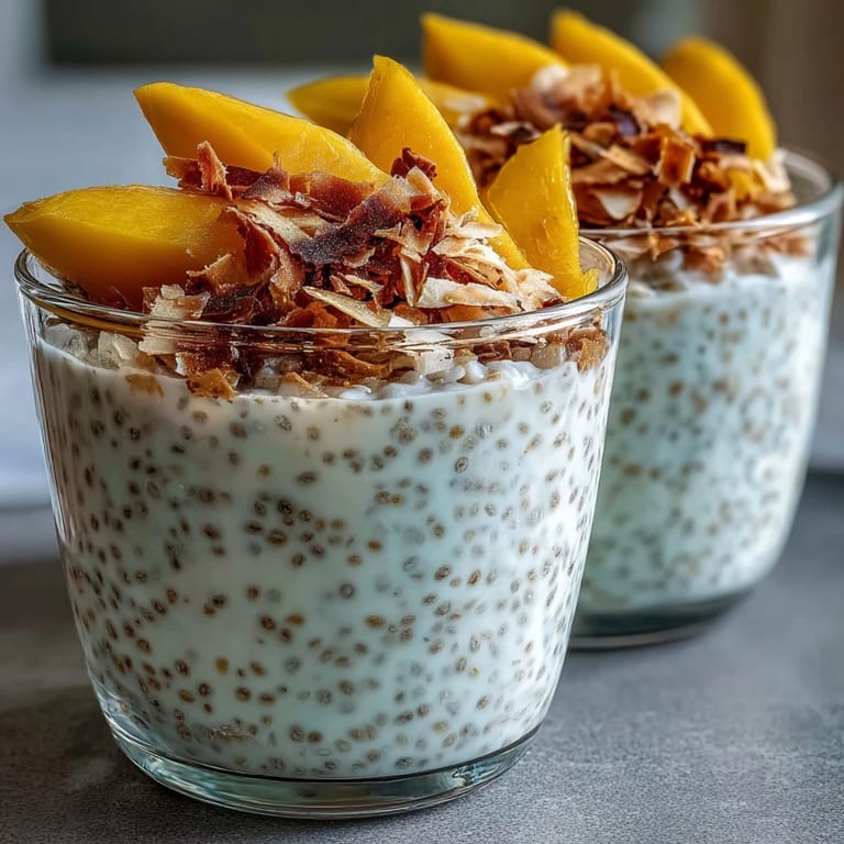 A refreshing bowl of Skyr Protein Chia Pudding topped with tropical mango and coconut flakes.