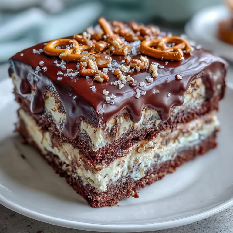 Moist Father's Day Chocolate Peanut Butter Pretzel Cake drizzled with ganache.