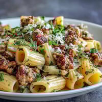 Steaming Winter Pasta with Sausage and Fennel showcases tender sausage crumbles and sweet, golden fennel slices on a bed of al dente penne.