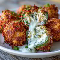 Golden-brown Cajun Crab Poppers with melted cheddar cheese and crispy panko topping are resting on a wooden serving board. Fresh lemon wedges and chopped parsley garnish the spicy jalapeño appetizer.