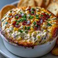 Creamy baked Crack Corn Dip with melted cheddar and jalapeños is served with tortilla chips in a white bowl.