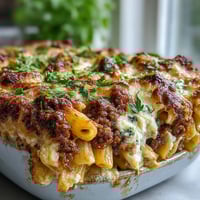 Golden, bubbling mozzarella tops a 9x13-inch dish of Cottage Cheese Protein Pasta Bake with Ground Beef, garnished with fresh parsley.