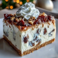 Festive Christmas Cheesecake Slab squares topped with fluffy whipped cream and a snowy dusting of powdered sugar.
