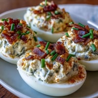 Spicy jalapeño popper deviled eggs with creamy cheese filling and crispy bacon bits.
