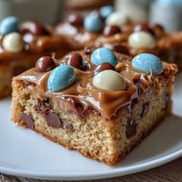Chewy peanut butter cookie bars studded with colorful Easter egg candies, perfect for spring gatherings and celebrations.