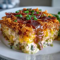 Golden baked cheesy hash brown casserole with crispy cornflake topping and melted cheddar.  