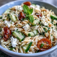 Vibrant orzo salad with cucumber, feta, and sunny lemon dressing.