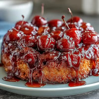 Caramelized cherry almond upside-down cake glistening, showcasing sweet fruit and fluffy batter.