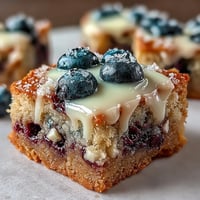 Chewy white chocolate lemon blueberry blondies with vibrant blue bursts, perfect sprinkled with powdered sugar.