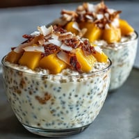 Creamy Skyr Protein Chia Pudding with Mango photographed beautifully in serving glasses.