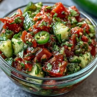 Close-up of bright Pickle de Gallo Salsa, chunky with tomatoes and cilantro.